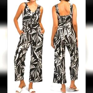 Tahari Sz 10 Linen Crop Wide Leg Jumpsuit Beaded Belt Buckle Black White NWT